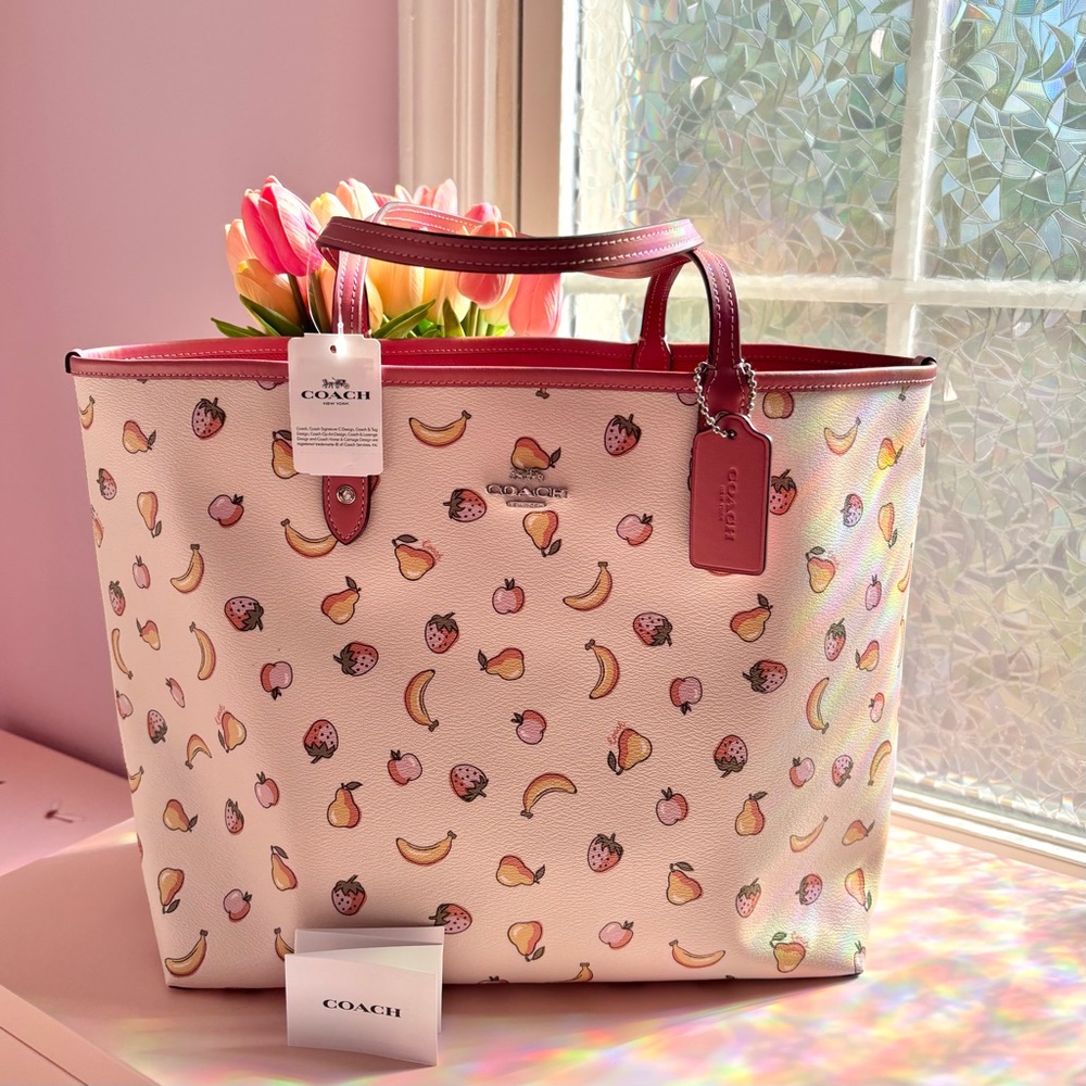 Coach City Tote, Rare Fruit Print, Chalk and Pink